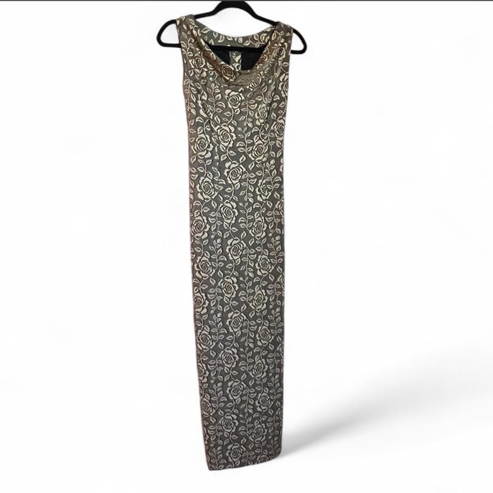 90s Sleeveless Rose Jacquard Maxi Dress in Brown and Cream